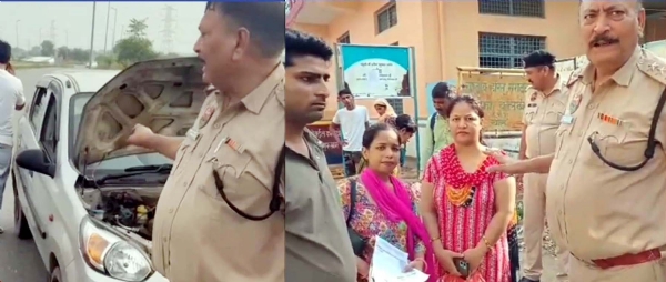 सीईटी परीक्षा देने गुरुग्राम पहुंचे अभ्यर्थी की खराब गाड़ी दिखाते पुलिस अधिकारी व गाड़ी खराब होने के बाद उन्हें परीक्षा केंद्र लेकर पहुंचे पुलिस अधिकारी।