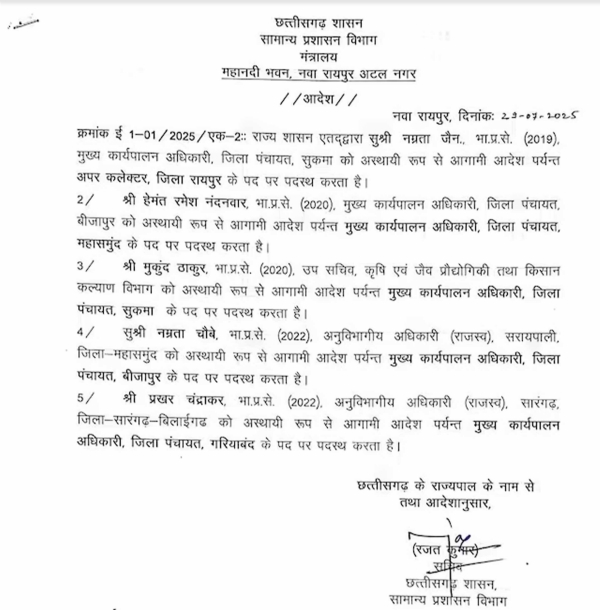 मंत्रालय महानदी भवन नया रायपुर द्वारा जारी आदेश की सूची