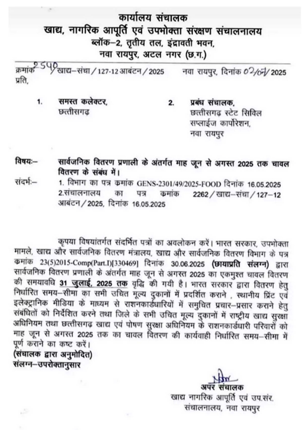 खाद्य आपूर्ति विभाग द्वारा जारी आदेश  पत्र