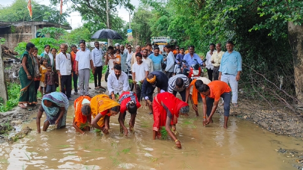 सगालीम-आसेहार मुख्य सड़क पर धनरोपनी करते लोग