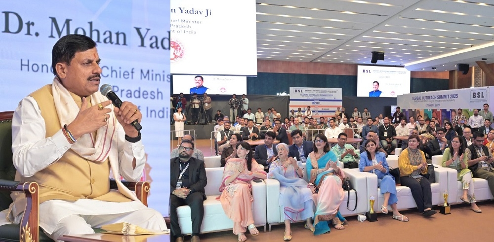 दिल्ली में बीएसएल ग्लोबल आउटरीच समिट-2025 में संबोधित करते हुए मुख्यमंत्री मोहन यादव