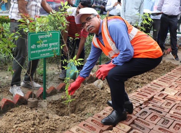 रेलवे बोर्ड के सीआरबी सतीश कुमार शुक्रवार को नई दिल्ली स्टेशन पर पौधारोपण करते हुए