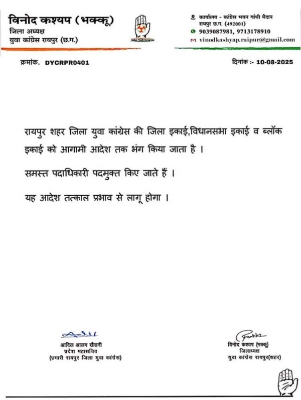 युवा कांग्रेस कमेटी भंग का आदेश