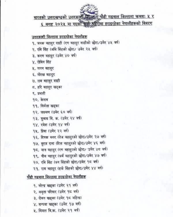 नेपाली दूतावास द्वारा जारी लापता लोगों की सूची