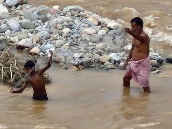 People are flouting the orders of the district administration, risking their lives by catching fish in the ravine river