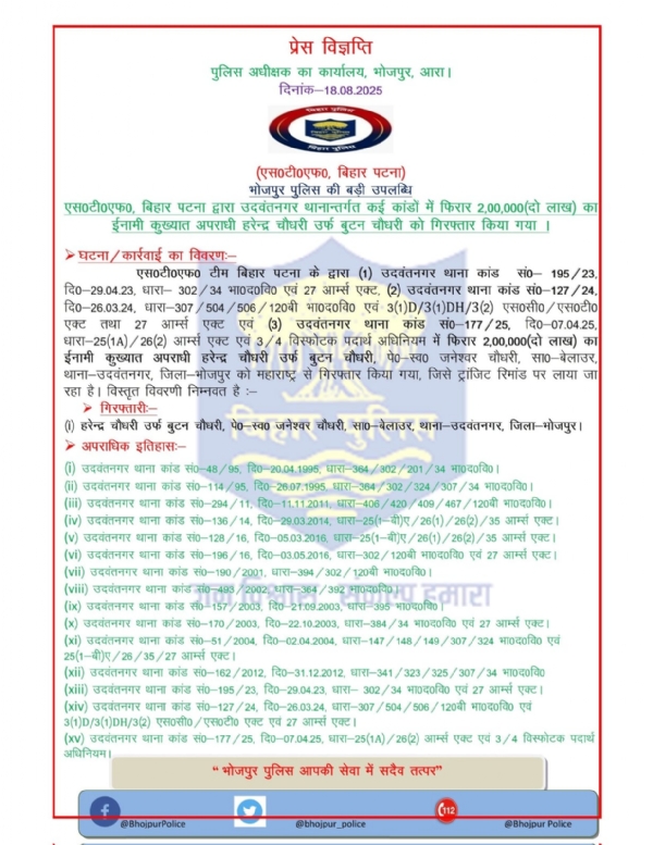 बिहार पुलिस मुख्यालय की प्रैस विज्ञाप्ति की फाइल फोटो