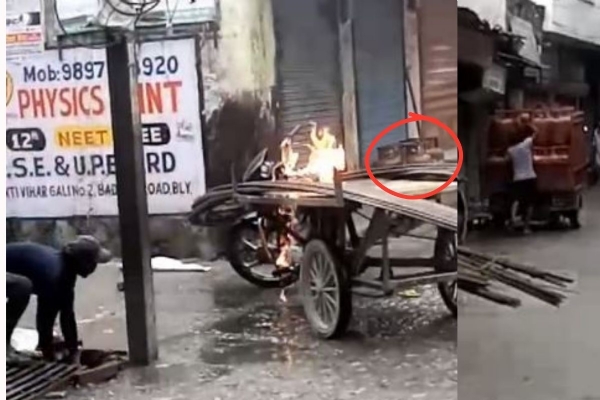 आग बुझाता चालक व लाल घेरे में रखे गैस सिलेंडर और बराबर में खड़ी गैस सिलेंडर की गाड़ी