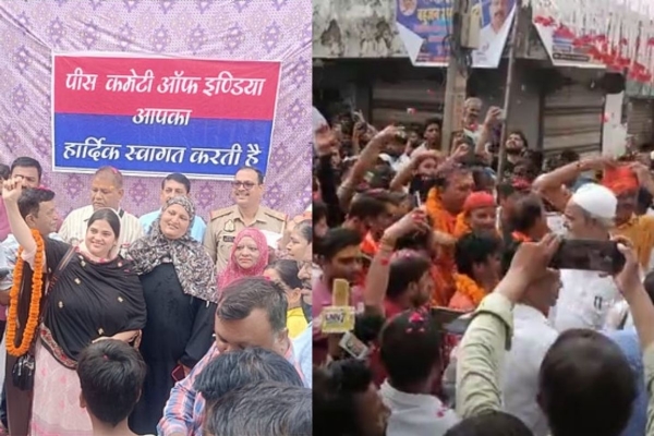 कांवड़ियों पर पुष्पवर्षा करतीं मुस्लिम महिलाएं