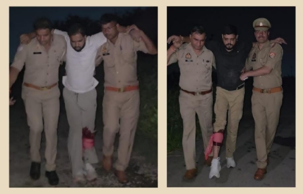 हर्षित ठाकुर की हत्या के आरोप में मुठभेड़ में गोली लगने से घायल  शुभम ठाकुर उर्फ बाजीगर और मो.वासित को लाते पुलिस कर्मी।