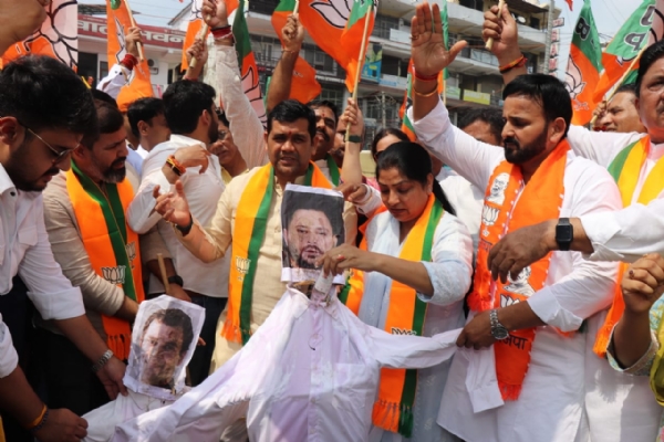 फोटो : राहुल गांधी और तेजस्वी यादव का पुतल फूंकते भाजपा कार्यकर्ता