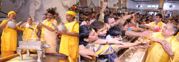 अभिषेक करते हुए संस्थान के सचिव के कपिल शर्मा इंसेट में केशवदेव भगवान अलौकिक झांकी के साथ