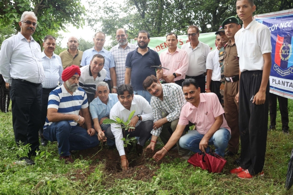 पौधरोपण करते हुए उपायुक्त और अन्य।