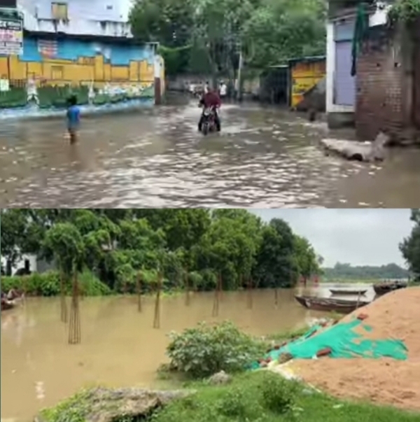 गंगा नदी के जल से डूबा सामने घाट (ऊपर), जलमग्न प्लाट(नीचे)
