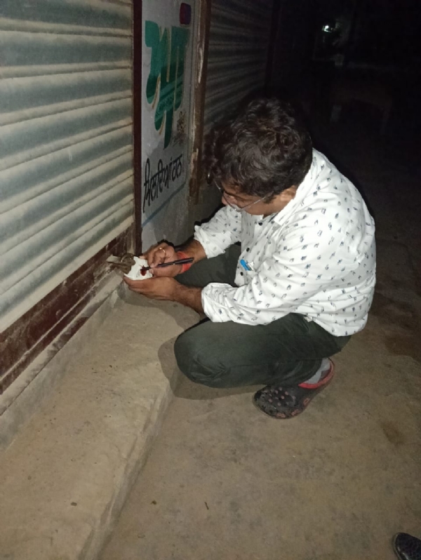मेडिकल स्टोर को सील करता औषधि विभाग का कर्मचारी।