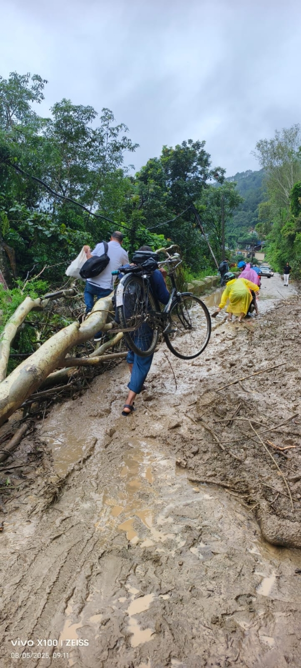 मंडी जिला में भारी बारिश भूस्खलन से बाधित सड़कें।