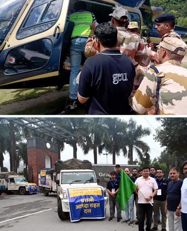 आपदा पीड़ितों के लिए राशन वाहन को रवाना करते हुए।