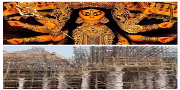 प्राचीन मंदिर का पंडाल बना रहा है संग्राम क्लब दुर्गा पूजा समिति