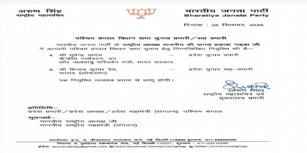 भाजपा ने पश्चिम बंगाल के लिए चुनाव प्रभारी की घोषणा की
