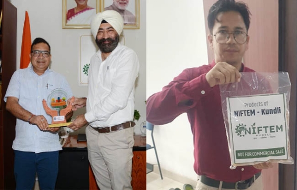 सोनीपत: उपायुक्त सुशील सारवान को खाद्य सामग्री पैकेट सौपते निफ्टम निदेशक डॉ. हरिंद्र सिंह ओबराय