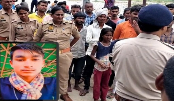 घटना स्थल पर पुलिस व दुबे हुए युवक का फाइल फोटो