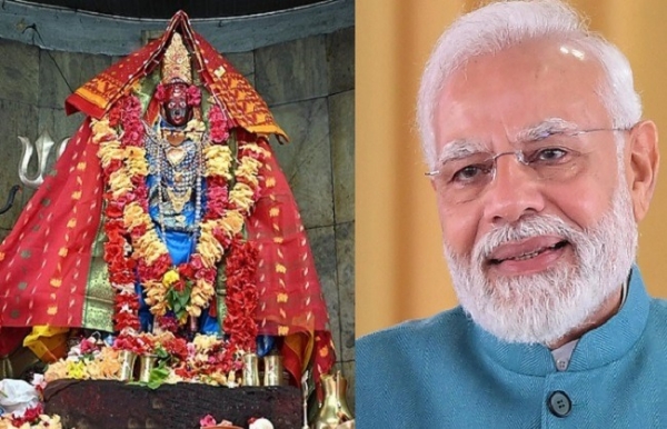 प्रधानमंत्री नरेन्द्र मोदी और माता त्रिपुरा सुंदरी की तस्वीर