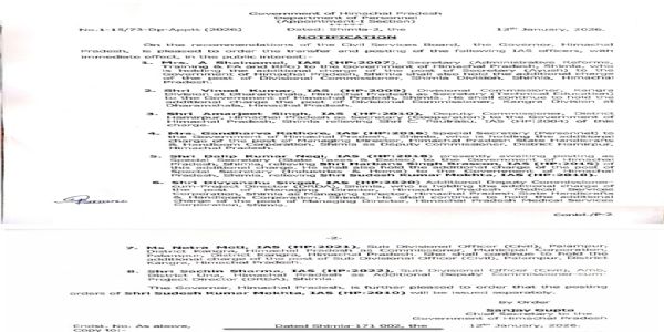 हिमाचल में प्रशासनिक फेरबदल, हमीरपुर के उपायुक्त का तबादला