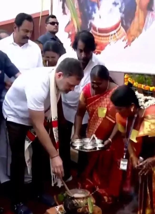 राहुल गांधी ने पारंपरिक तमिल पोशाक पहनकर पोंगल उत्सव में भाग लिया।