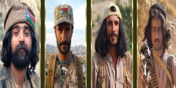 बलोच लिबरेशन आर्मी के कमांडर संगत जोहिर उर्फ ​​हक नवाज, मंजूर कुर्द उर्फ ​​बख्तियार चीता, समीउल्लाह उर्फ ​​जावेद फाहलिया और नसीर अहमद उर्फ ​​मीरेक (बाएं से दाएं)। फाइल फोटो - द बलोचिस्तान पोस्ट