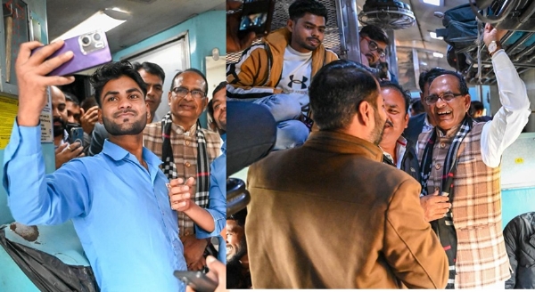 गंजबासौदा से ट्रेन के जरिए भोपाल आते हुए यात्रियों से चर्चा करते हुए केन्द्रीय मंत्री शिवराज सिंह चौहान
