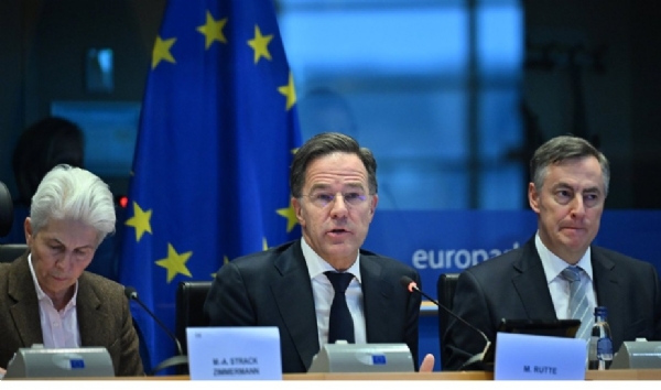 नाटो महासचिव मार्क रूटे सोमवार को ब्रुसेल्स में यूरोपीय संसद की सुरक्षा एवं रक्षा समिति और विदेशी मामलों की समिति के संयुक्त सत्र में।