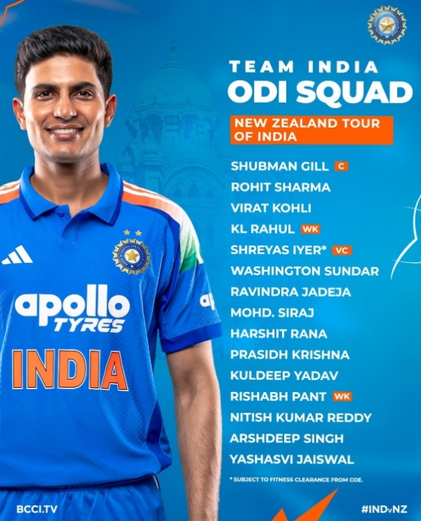 न्यूजीलैंड वनडे सीरीज के लिए भारतीय टीम घोषित