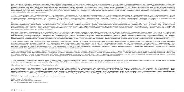 Baloch leader writes a letter to Nato Countries