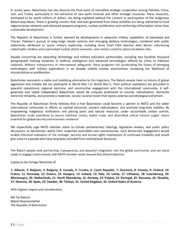 Baloch leader writes a letter to Nato Countries