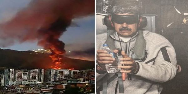 अमेरिका ने वेनेजुएला की राजधानी काराकस में धमाकों के कुछ देरबाद वहां के राष्ट्रपति निकोलस मादुरो को पकड़कर न्यूयॉर्क ले आई है। फोटो कोलाज - इंटरनेट मीडिया