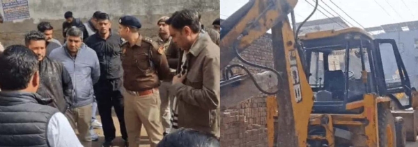 गुरुग्राम के गांव धनवापुर में गैंगस्टर सुनील उर्फ तोता की प्रॉपर्टी से कब्जा हटवाने पहुंचे डीटीपी आरएस बाठ व जेसीबी।