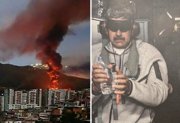 काराकस में धमाके (बाएं) और निकोलस मादुरो । फोटो कोलाज - इंटरनेट मीडिया