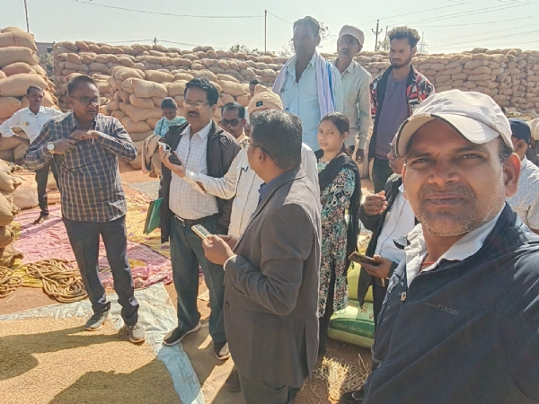 धान खरीदी केंद्र का निरीक्षण करते हुए प्रशासनिक अधिकारी कर्मचारी।