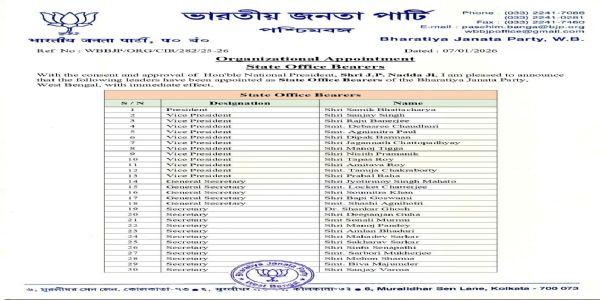 बंगाल भाजपा ने किया नई कार्यकारिणी का ऐलान, देवश्री-अग्निमित्रा-निशिथ प्रमाणिक को जगह
