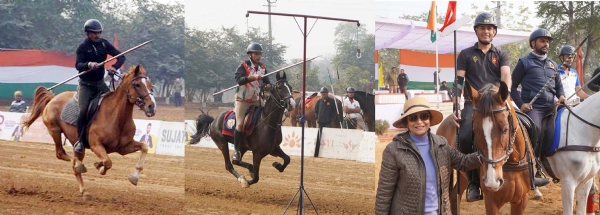 गुरुग्राम में राष्ट्रीय टेंट पेगिंग घुड़सवार प्रतियोगिता में भाग लेते प्रतिभागी व विजेताओं को पुरस्कृत करतीं मुख्य अतिथि।