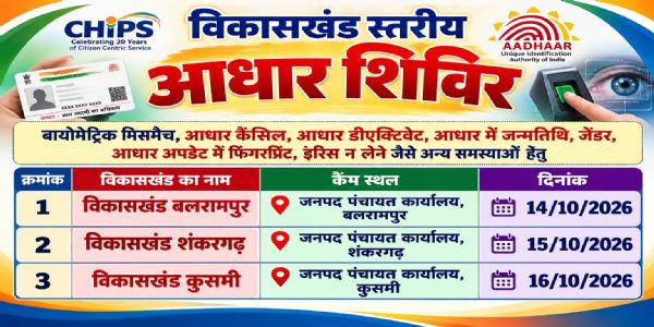 बलरामपुर में 14 से 16 अक्टूबर तक विशेष आधार शिविर, नया पंजीयन और त्रुटियों में सुधार की सुविधा