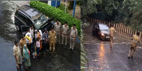 अंडरपास के नीचे भरे पानी में फंसी कार, सात लोगों को रेसक्यू करके पुलिस ने बाहर निकाला