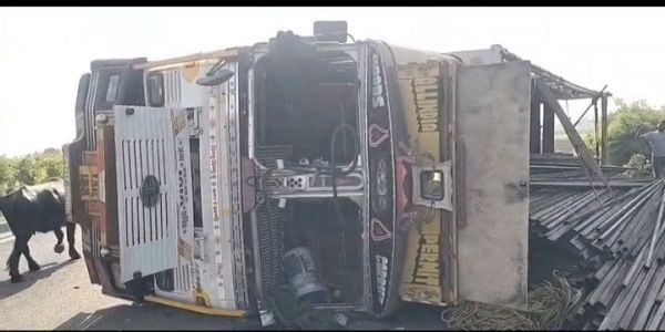 मवेशियों को बचाने में सरिए से भरा ट्रक पलटा, ड्राइवर गंभीर घायल