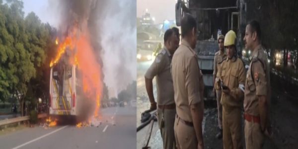 नोएडा एक्सप्रेसवे पर दिल्ली से बिहार जा रही डबल डेकर बस में लगी भयंकर आग, सभी 32 यात्रियों की बची जान