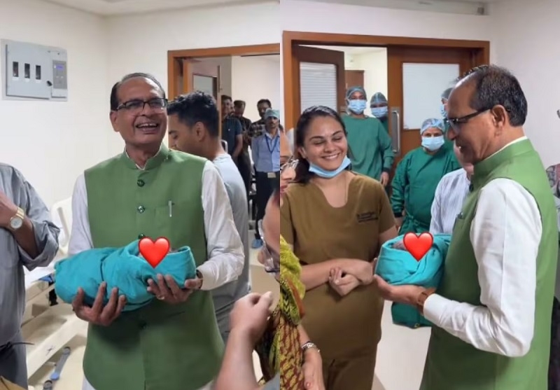 अस्पताल में शिवराज सिंह के हाथ में पोता सौंपते हुए नर्स (वीडियो से ली गई तस्वीर) अस्पताल में शिवराज सिंह के हाथ में पोता सौंपते हुए नर्स (वीडियो से ली गई तस्वीर)