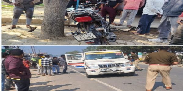पुलिस गाड़ी की टक्कर से बाइक सवार युवक घायल