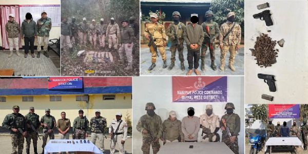 मणिपुर में अलग-अलग अभियानों में गिरफ्तार किए गए उग्रवादियों की तस्वीरें।