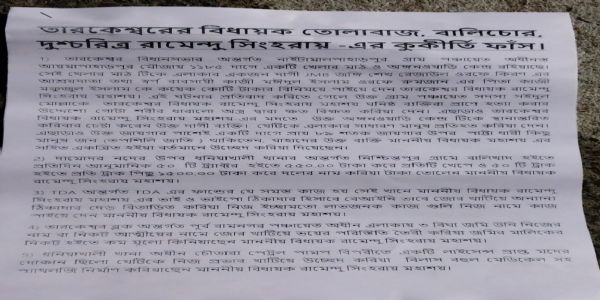 तारकेश्वर में पोस्टर विवाद से मचा हड़कंप, तृणमूल विधायक रामेंदु सिंह राय पर गंभीर आरोप