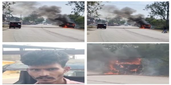 उमरिया : NH-43 पर खड़ी पिकअप में अचानक लगी आग, वाहन जलकर खाक
