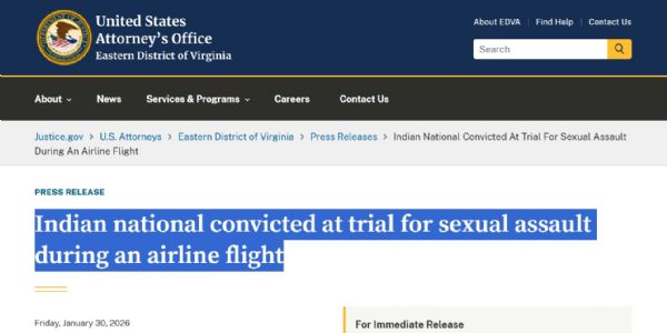 अमेरिका में फेडरल जूरी ने भारतीय युवक को फ्लाइट में यौन उत्पीड़न के आरोप में दोषी ठहराया, सात मई को सुनाई जाएगी सजा