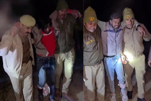 भमोरा क्षेत्र में मुठभेड़ के बाद घायल बदमाशों को गिरफ्तार कर ले जाती पुलिस टीम।